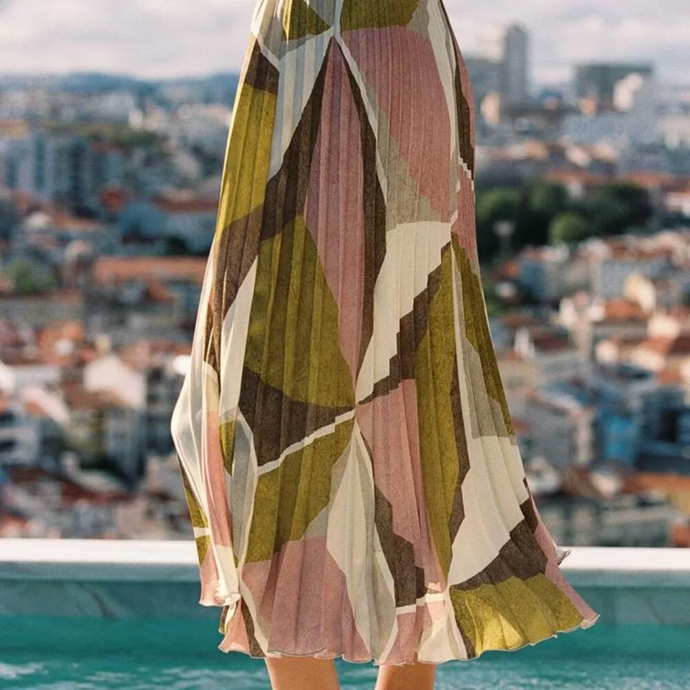 Zara Geometric Print Pleated Midi Skirt – Size M Sustainable Recycled Polyester